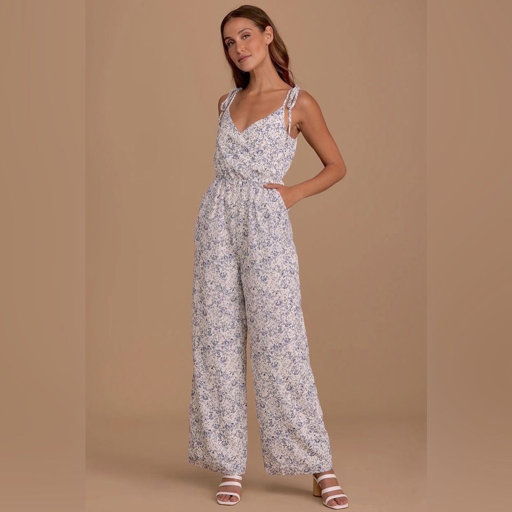 Blooming Bliss Jumpsuit in White & Blue Floral